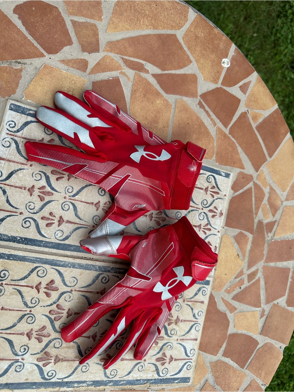 Under Armour Red Football Gloves with Silver Accents size M